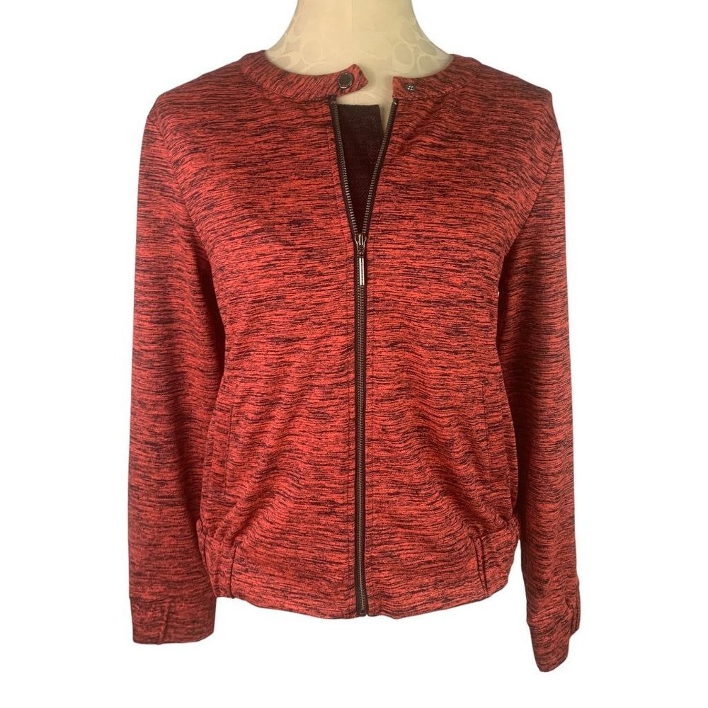 6 H by Halston Women's Red Black Space Dye Full Zip Collarless Jacket